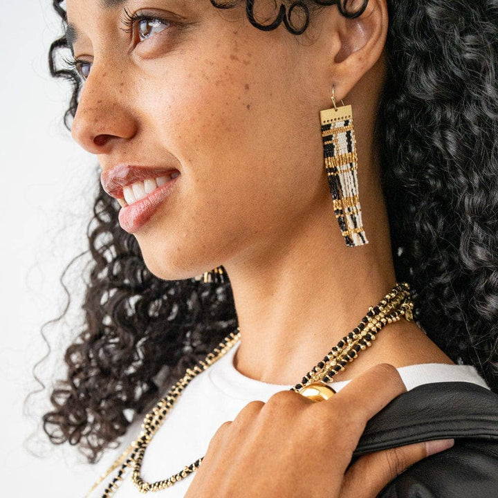 McKenzie Brass Bar Long Fringe Earrings Black + Gold