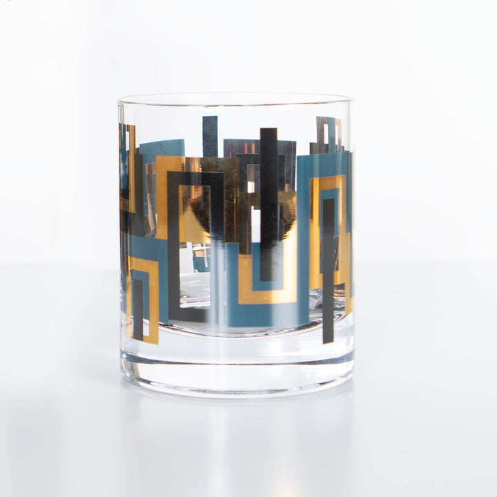 Blue & Gold Mid Century Vintage Whiskey Rocks Cocktail Glass