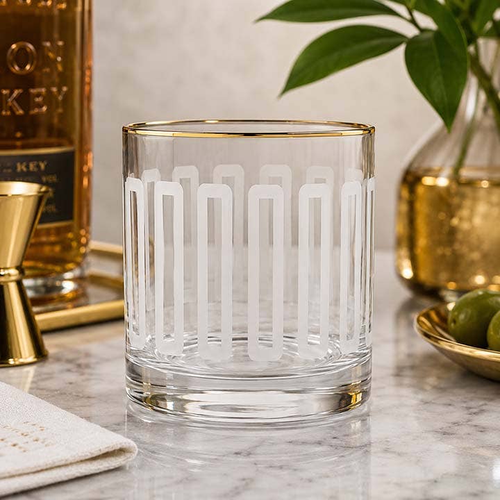 Frosted Mid Century Retro Whiskey Rocks Glass with Gold Rim