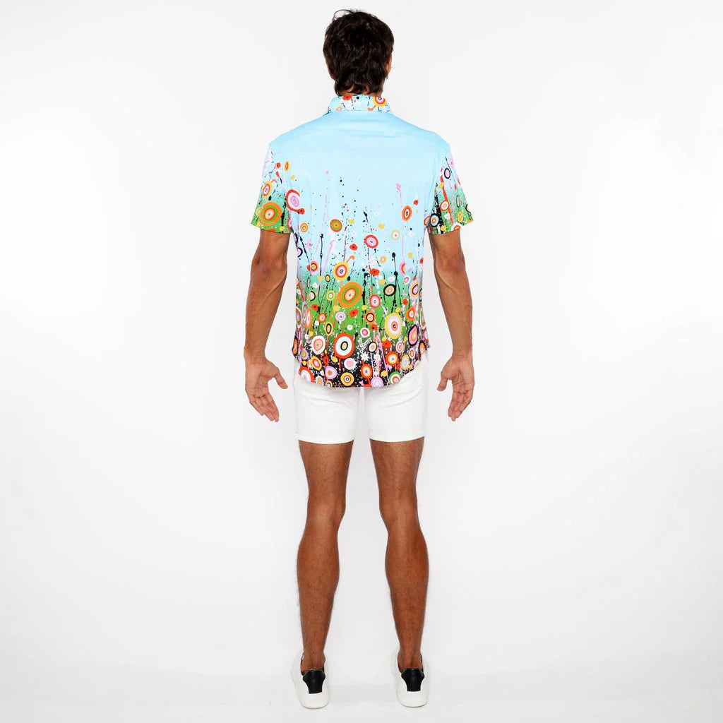 Sky/Multi Circle Bursts Border Print Cotton Jersey Knit Short Sleeve Shirt St-9342