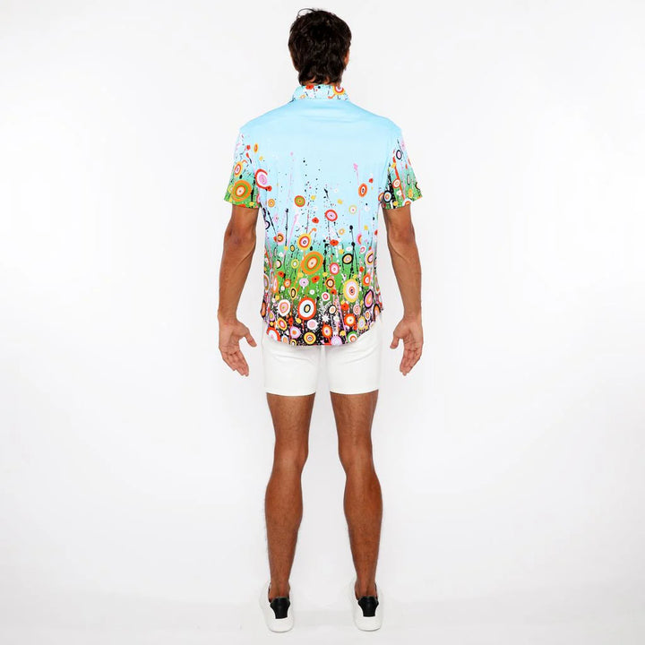 Sky/Multi Circle Bursts Border Print Cotton Jersey Knit Short Sleeve Shirt St-9342