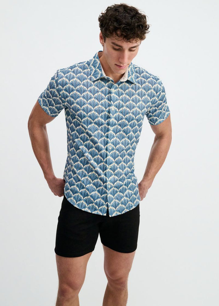 Slate/Blue Floral Printed Open Knit Stretch Short Sleeve Shirt St-48077