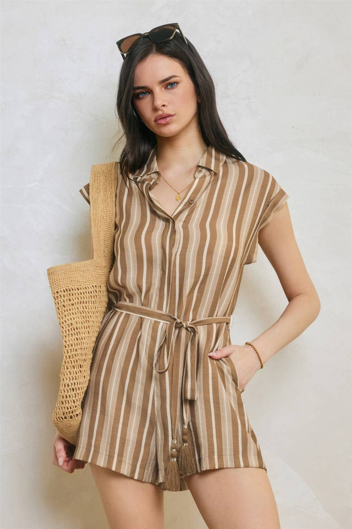 White Sand Line Button Down Romper