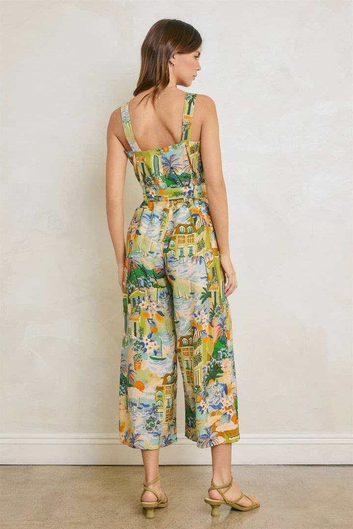 Conversational Straight Neck Cropped Jumpsuit - Caribbean Blues