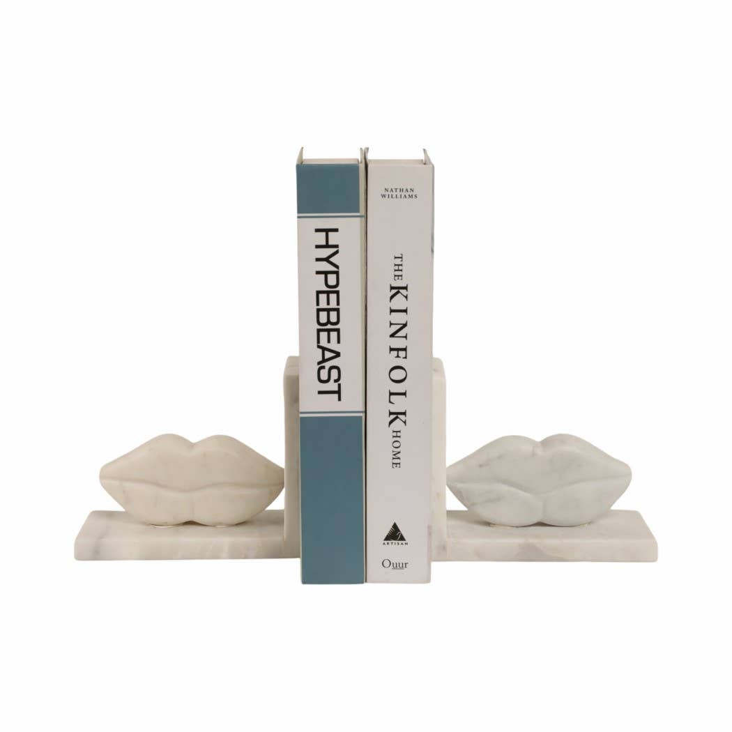 Bookends Set of 2 - White Marble Lips Design, 5 in.