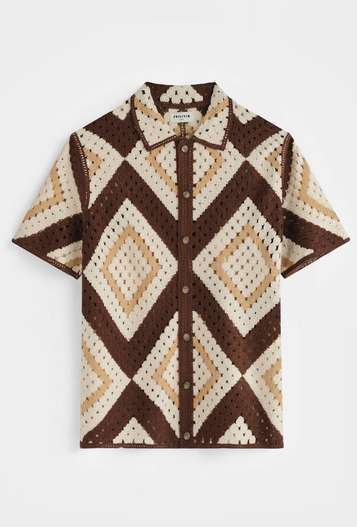 Geometric Open Knit Shirt Brown