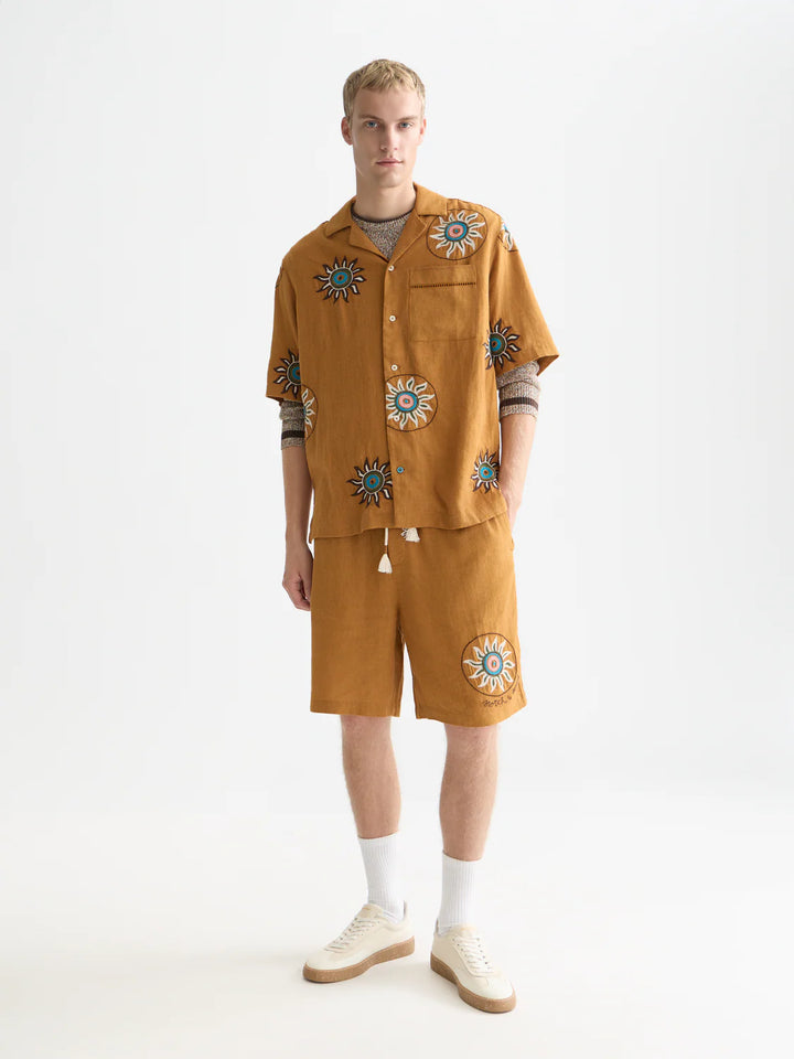 Embroidered Linen-Blend Wide-Fit Bermuda Shorts Cathay Spice