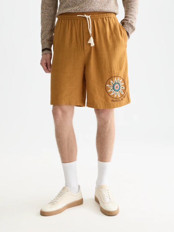 Embroidered Linen-Blend Wide-Fit Bermuda Shorts Cathay Spice