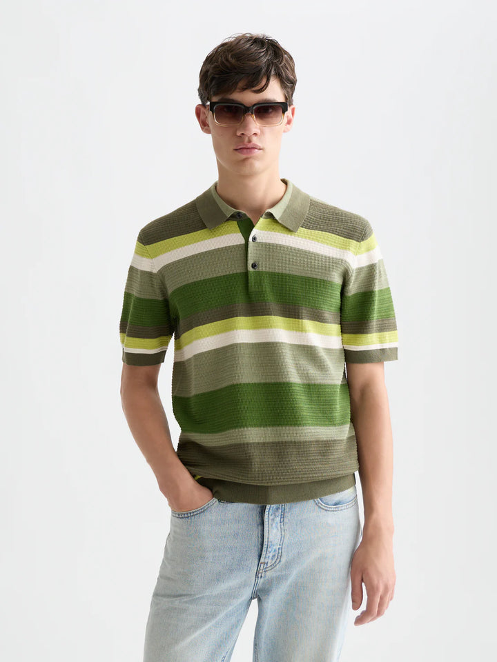 Structured Striped Knitted Polo Garden Green Stripe