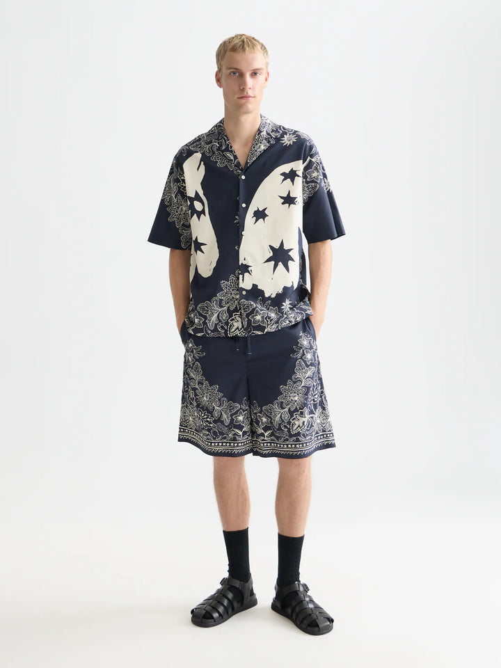 Printed Lyocell Relaxed-Fit Short-Sleeved Shirt Horse Bandana Dress Blues