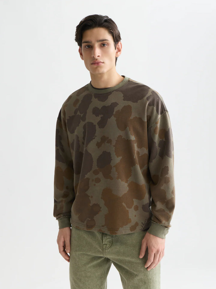 Printed Overdyed Loose-Fit Sweatshirt Painterly Animal Olive Night