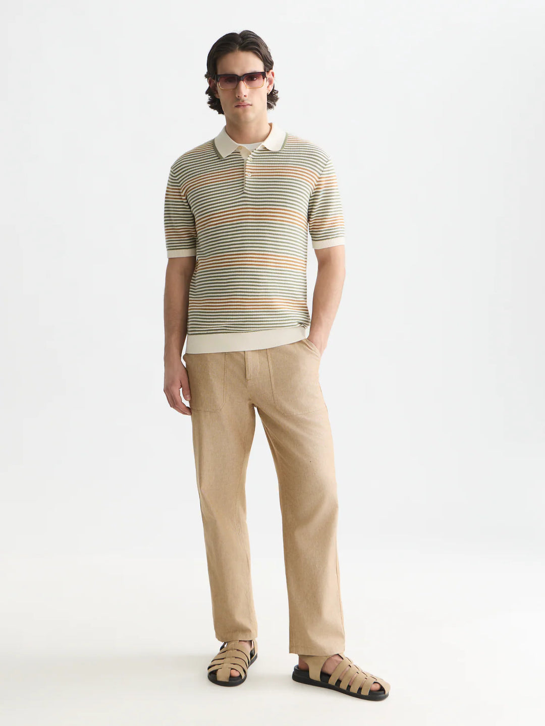 Striped Structured Knitted Regular-Fit Polo Oil Green Stripe