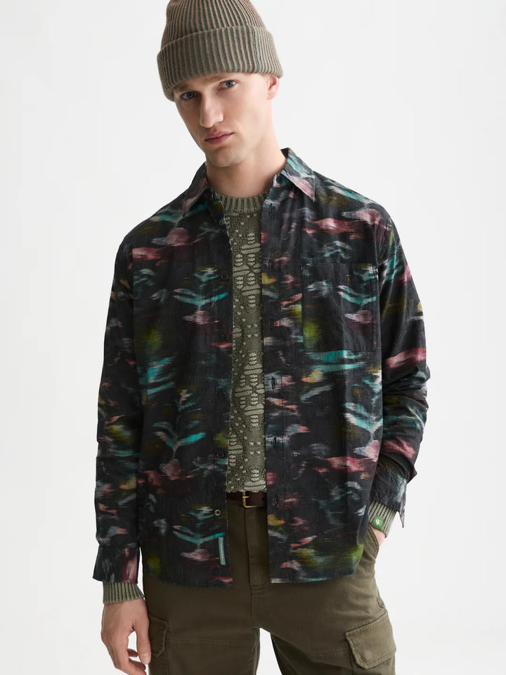 Printed Embroidered Relaxed-Fit Shirt-Glitch Dream Forest Night