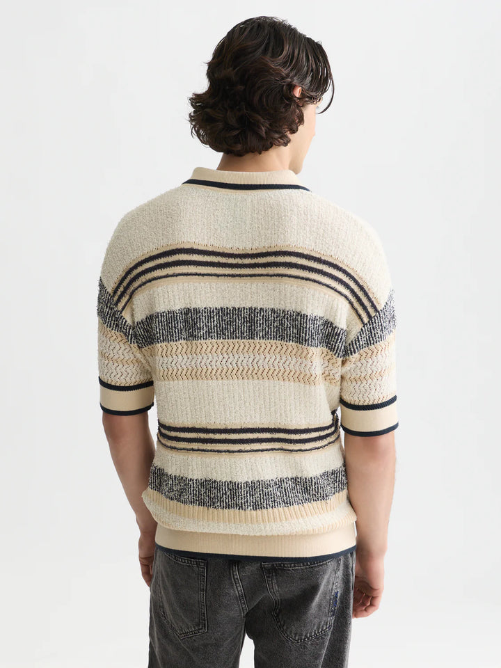 Structured Dropped Shoulder Knitted Polo Eggnog / Ensign Blue Stripe