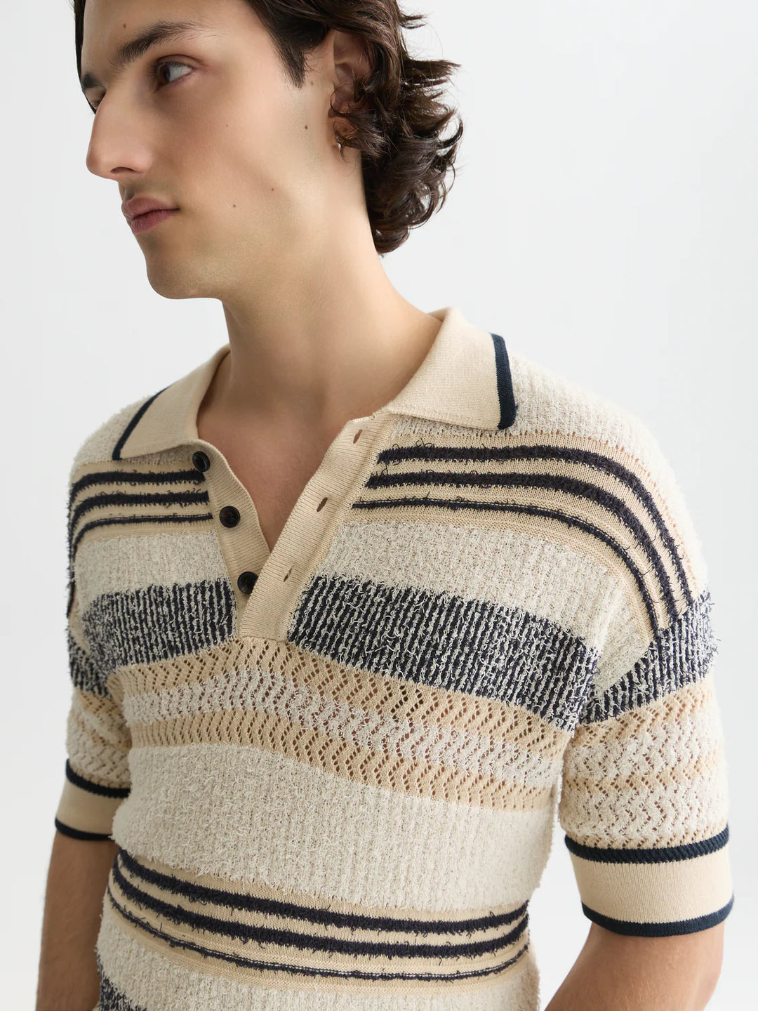 Structured Dropped Shoulder Knitted Polo Eggnog / Ensign Blue Stripe
