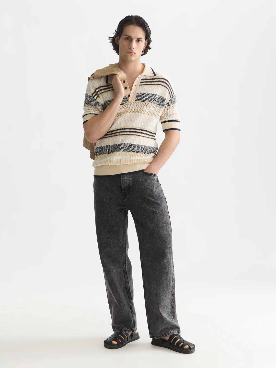 Structured Dropped Shoulder Knitted Polo Eggnog / Ensign Blue Stripe