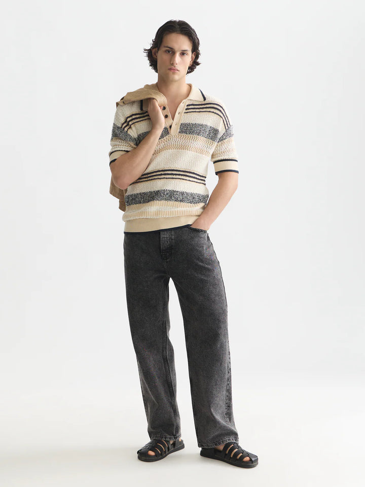 Structured Dropped Shoulder Knitted Polo Eggnog / Ensign Blue Stripe