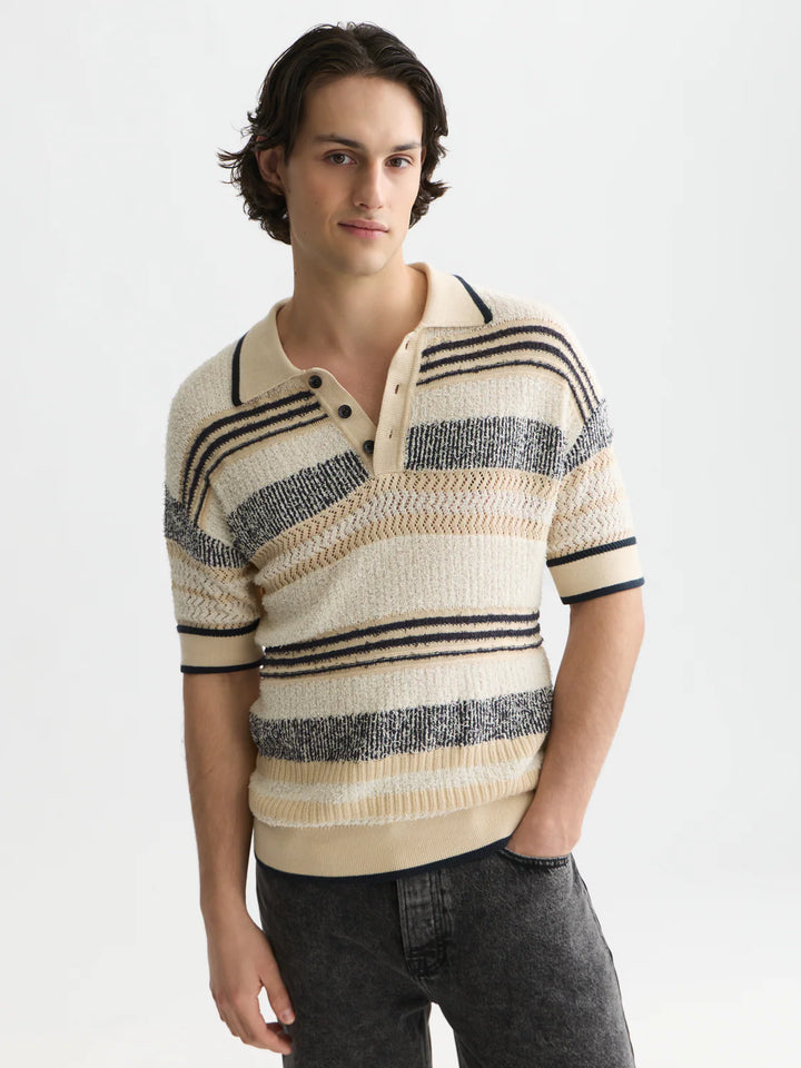 Structured Dropped Shoulder Knitted Polo Eggnog / Ensign Blue Stripe