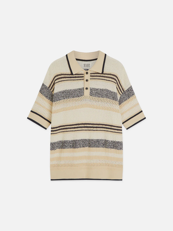 Structured Dropped Shoulder Knitted Polo Eggnog / Ensign Blue Stripe
