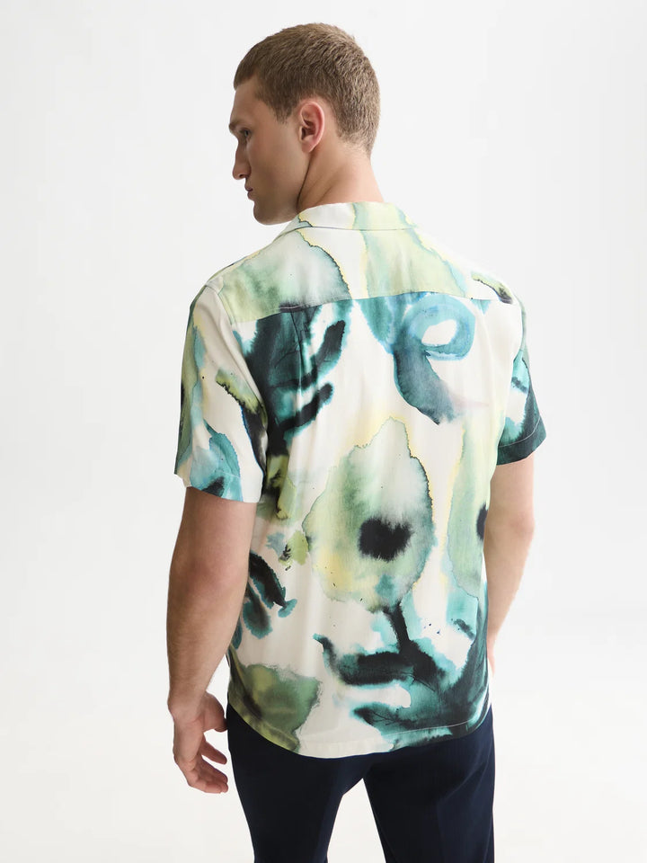 Viscose Printed Short Sleeved Regular-Fit Shirt-Watercolourflower Balsam Green