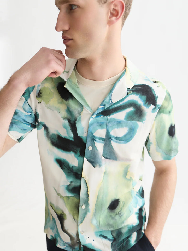 Viscose Printed Short Sleeved Regular-Fit Shirt-Watercolourflower Balsam Green