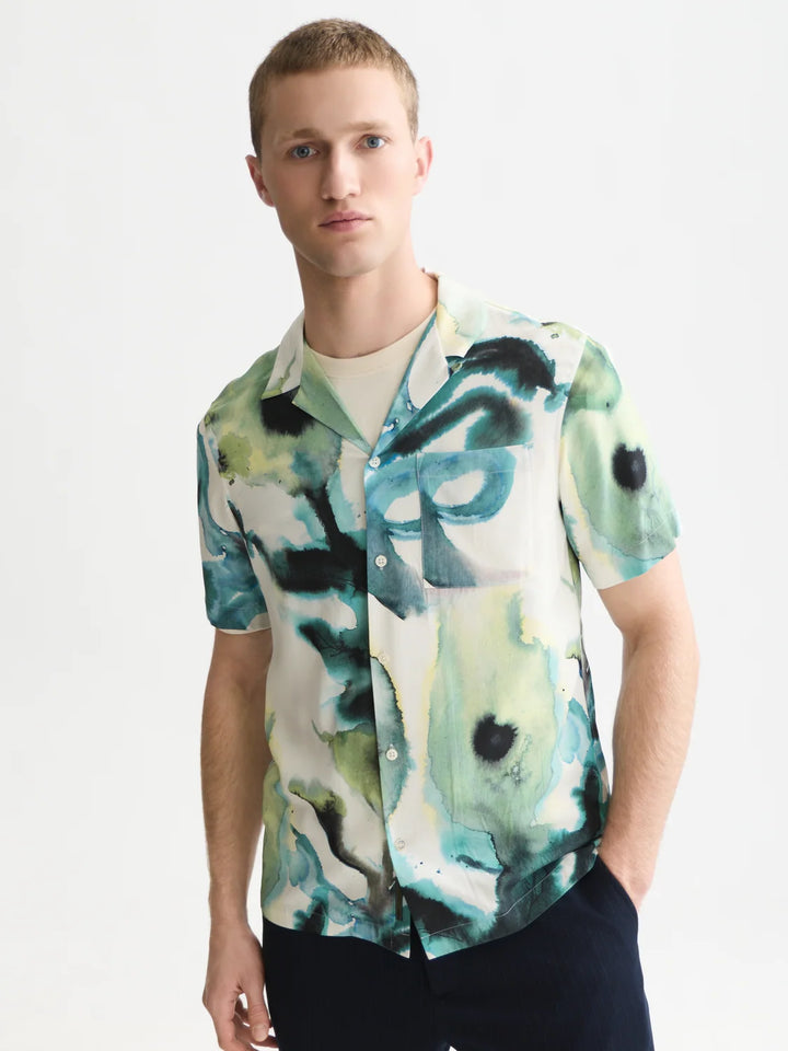 Viscose Printed Short Sleeved Regular-Fit Shirt-Watercolourflower Balsam Green