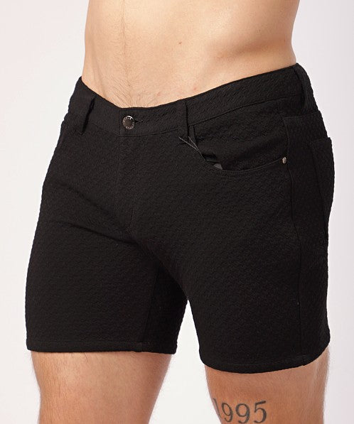 Black Houndstooth 5"Inseam Textured Embossed Jacquard Stretch Knit Jeans Short St-1932-97