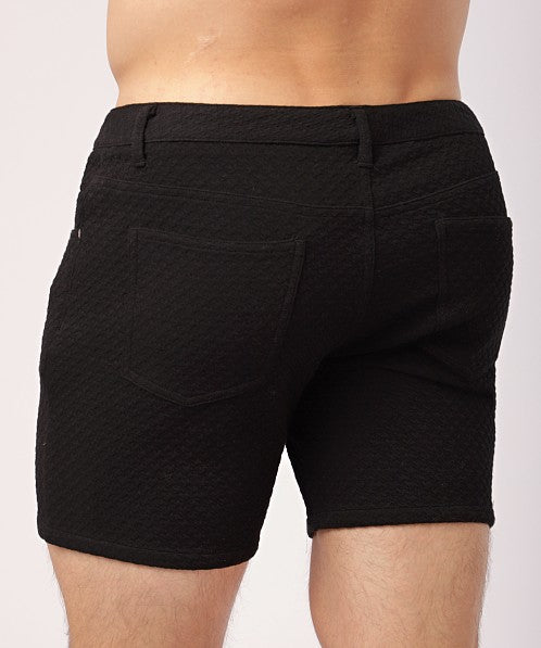 Black Houndstooth 5"Inseam Textured Embossed Jacquard Stretch Knit Jeans Short St-1932-97