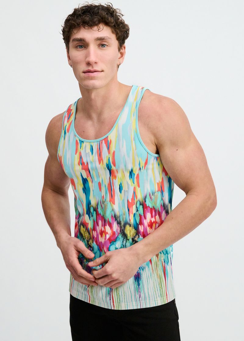 Teal/Multi Drips Printed Stretch Mesh Tank St-11150