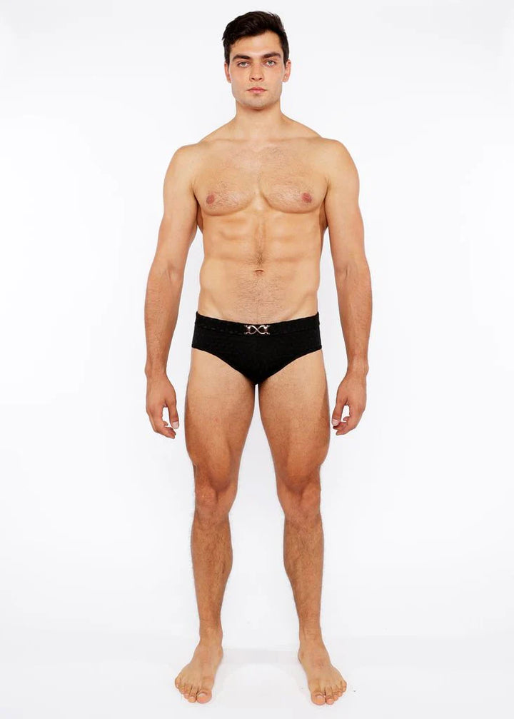 Black Hexagon Textured Swim Brief W/Buckle St-8021-02