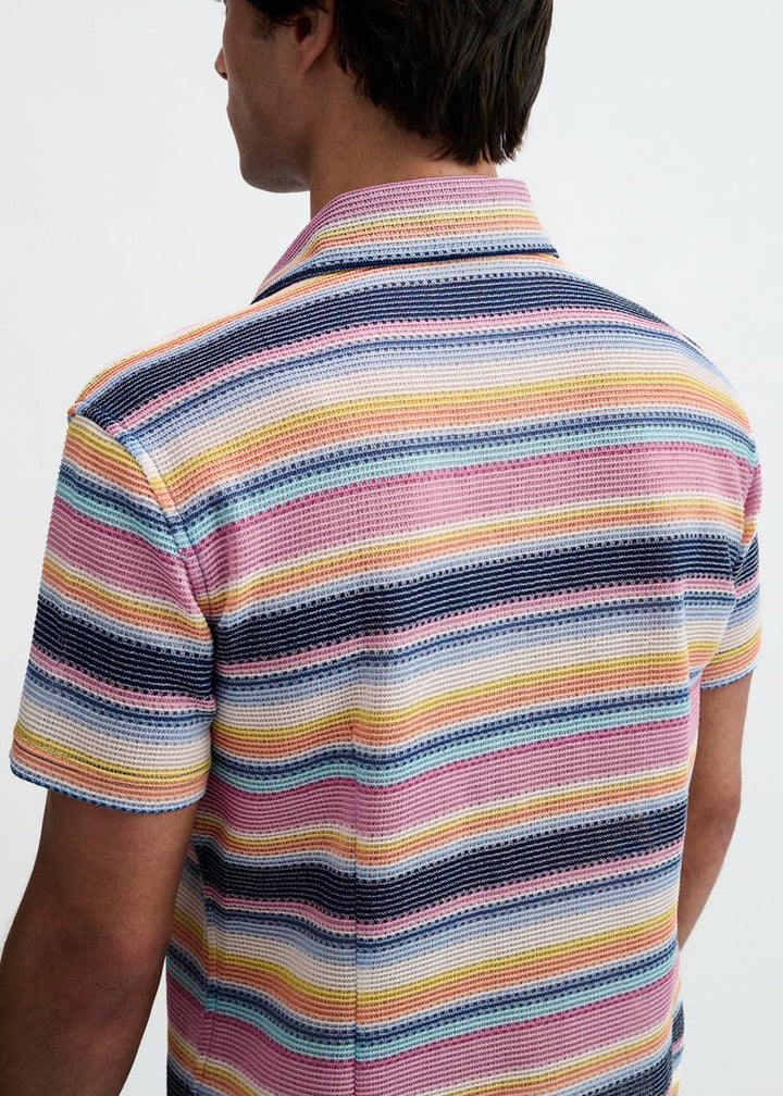 Navy/Pink Engineered Stripe Open Knit Short Sleeve Shirt St-24075