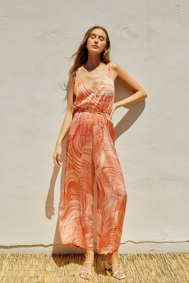Paisley Cord Strap Surplice Jumpsuit Sunset Red