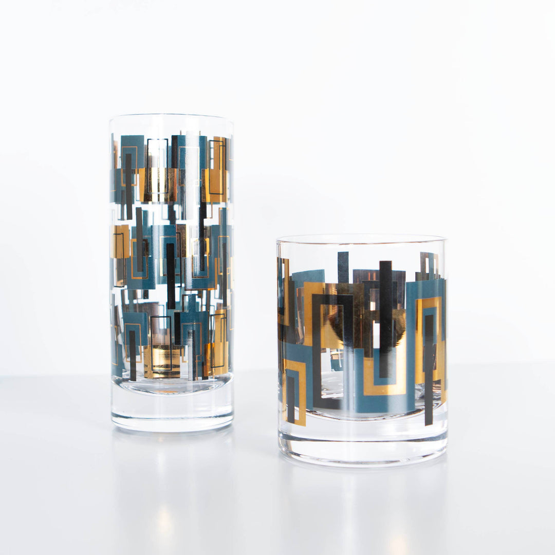 Blue & Gold Mid Century Vintage Whiskey Rocks Cocktail Glass
