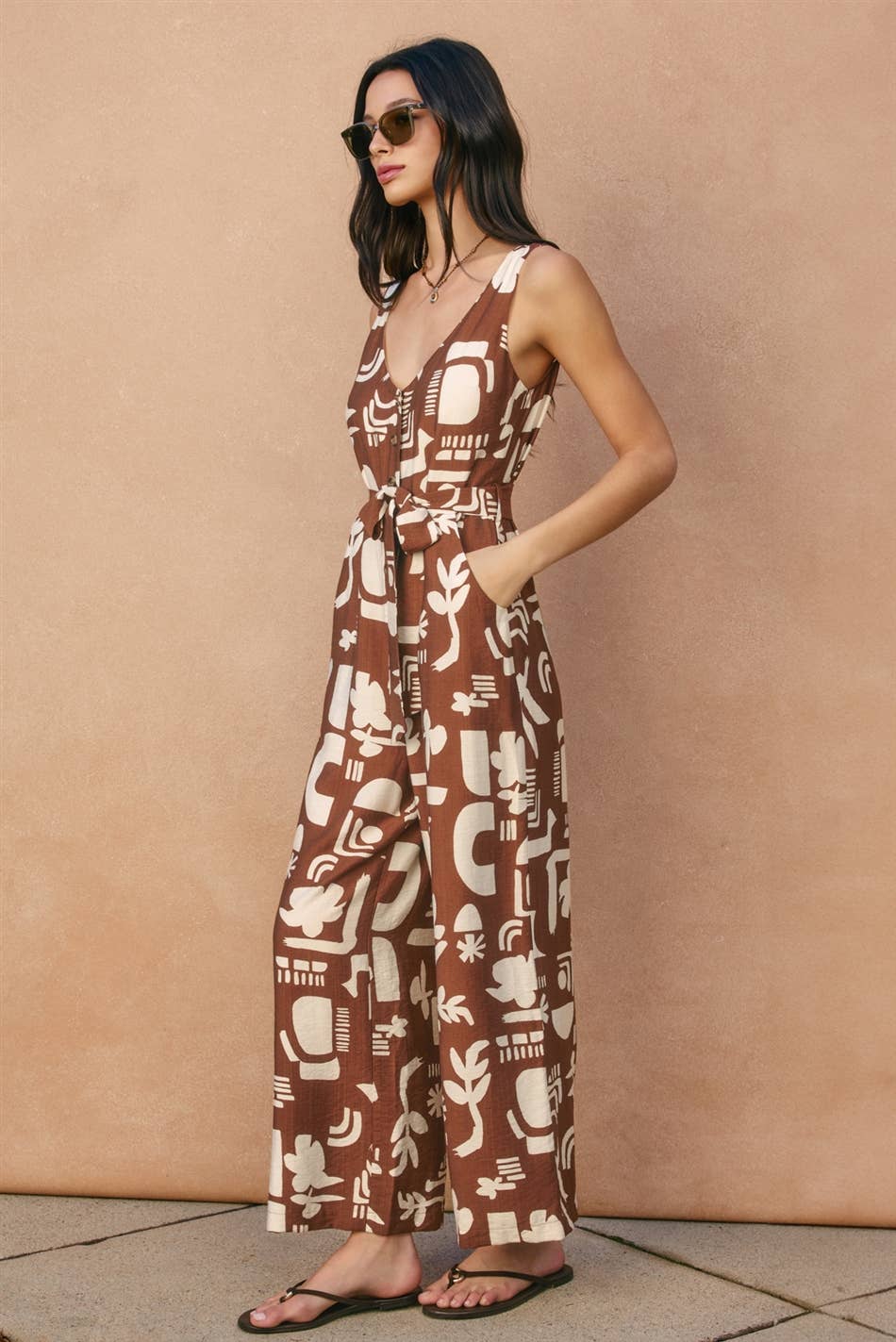 Sun & Clay Button Down Sash Belt Jumpsuit