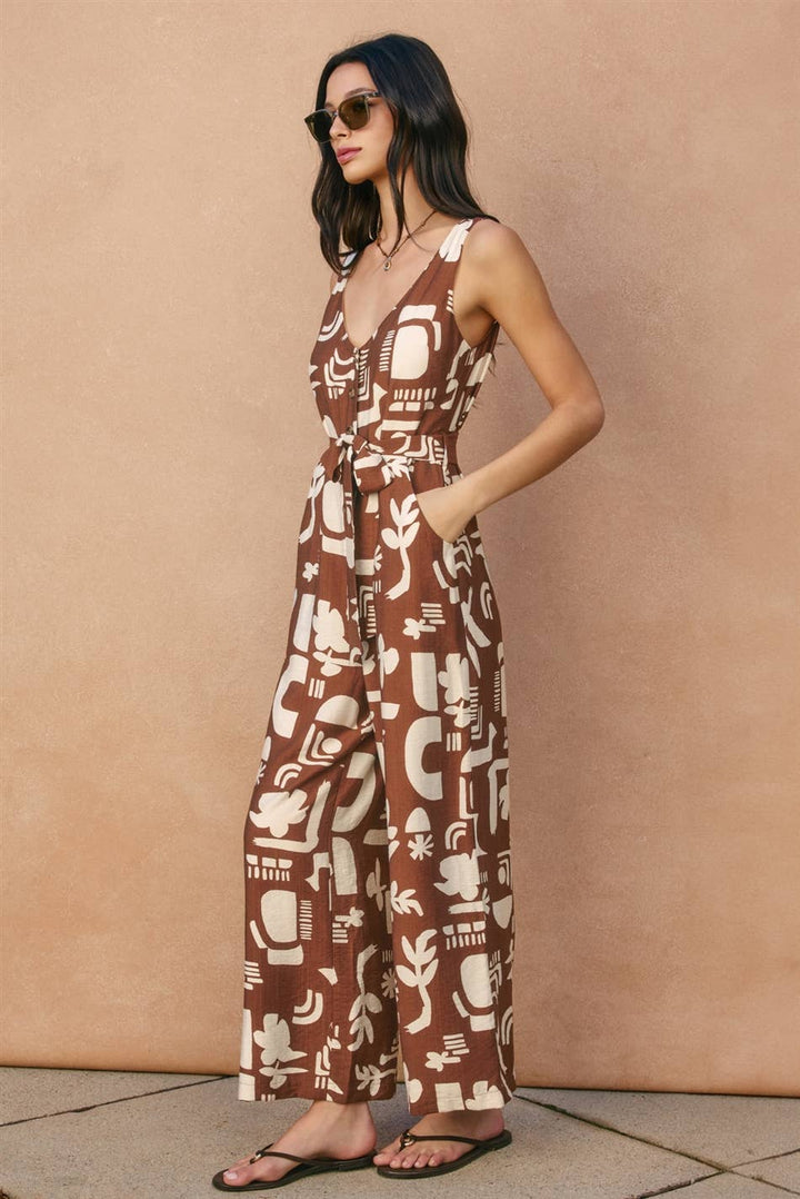 Sun & Clay Button Down Sash Belt Jumpsuit