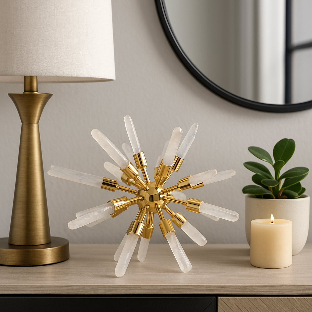 Metal Glass Small Crystal Starburst Statuary - Gold, 8 in.
