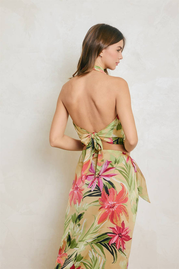Tropical Floral Open Back Cowl Top
