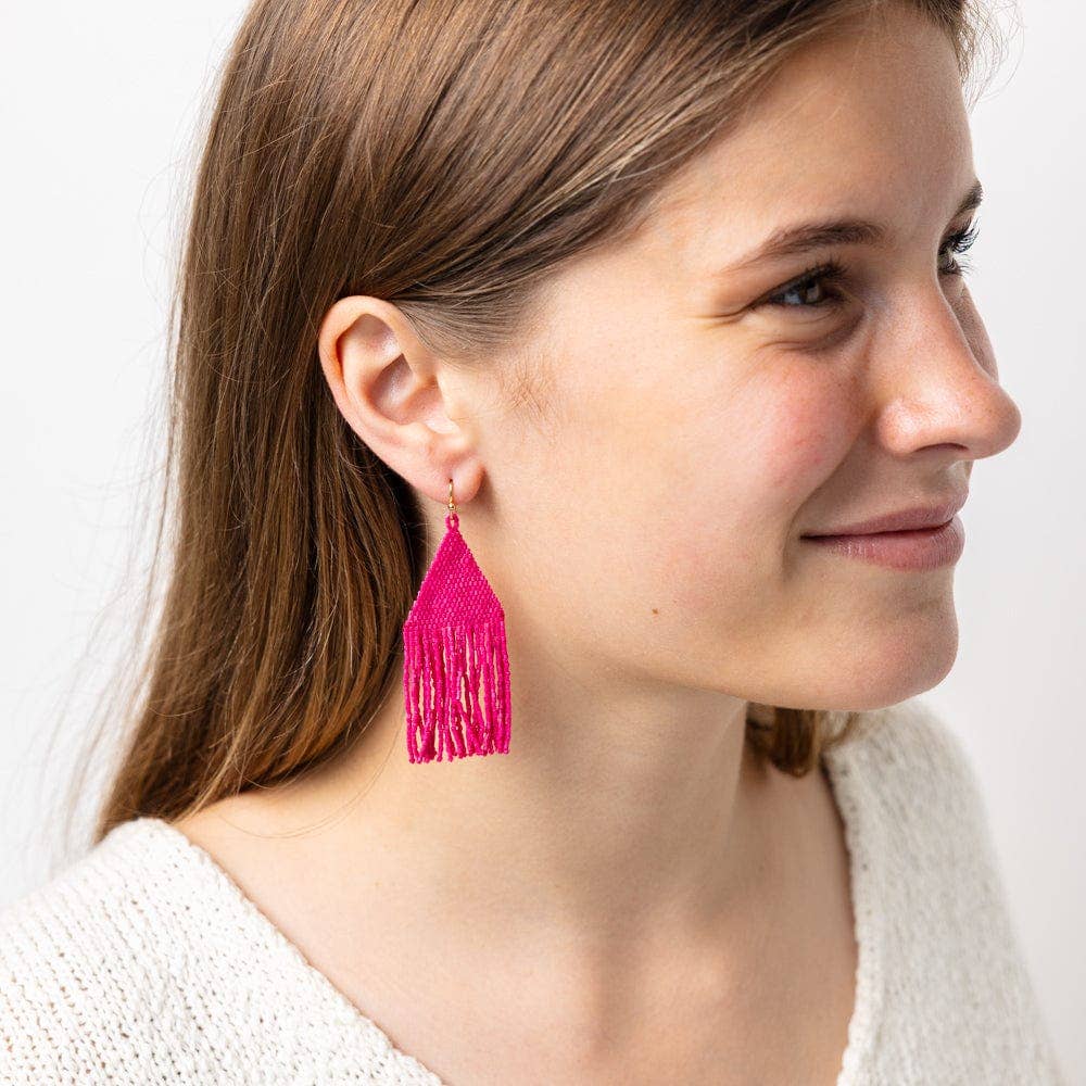 Lexie Solid Beaded Fringe Earrings Hot Pink