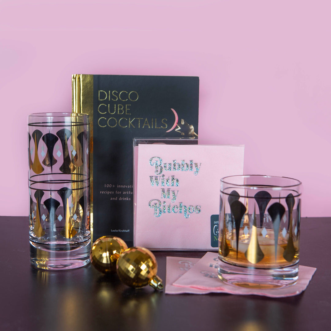 Black and Gold Mid Century Vintage Highball Cocktail Gl