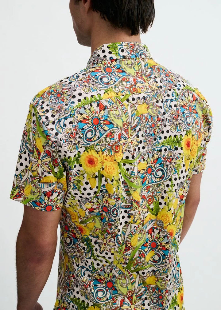 Yellow/Green Floral Dots Printed Jersey Short Sleeve Shirt