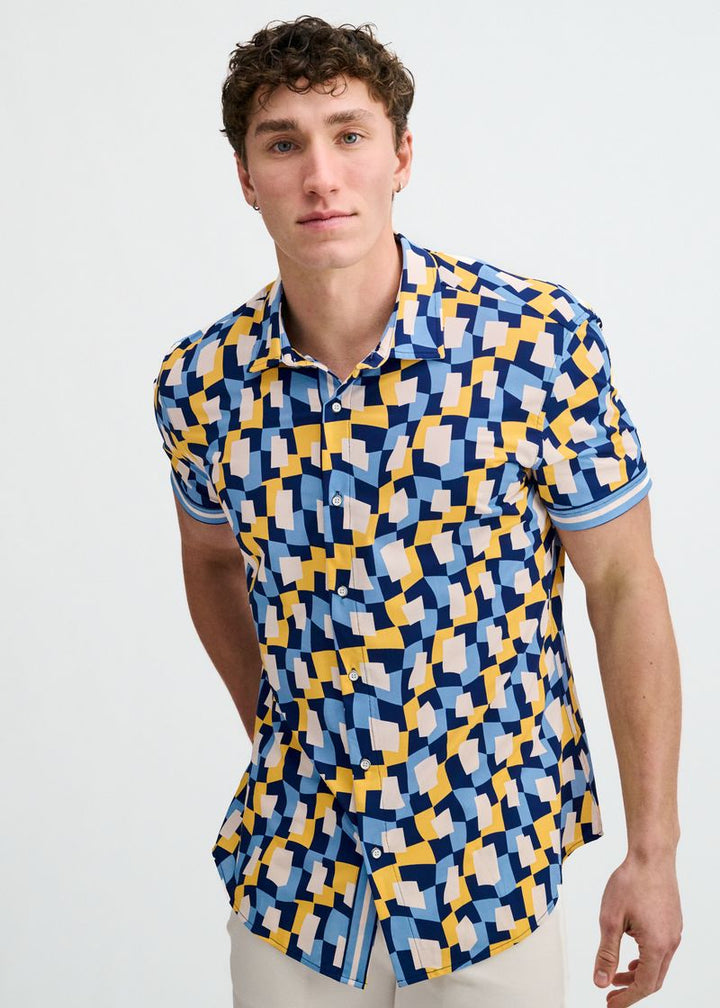Atlantic/Yellow Abstract Printed Performance Stretch Short Sleeve Shirt W/Placket Detail St-26027