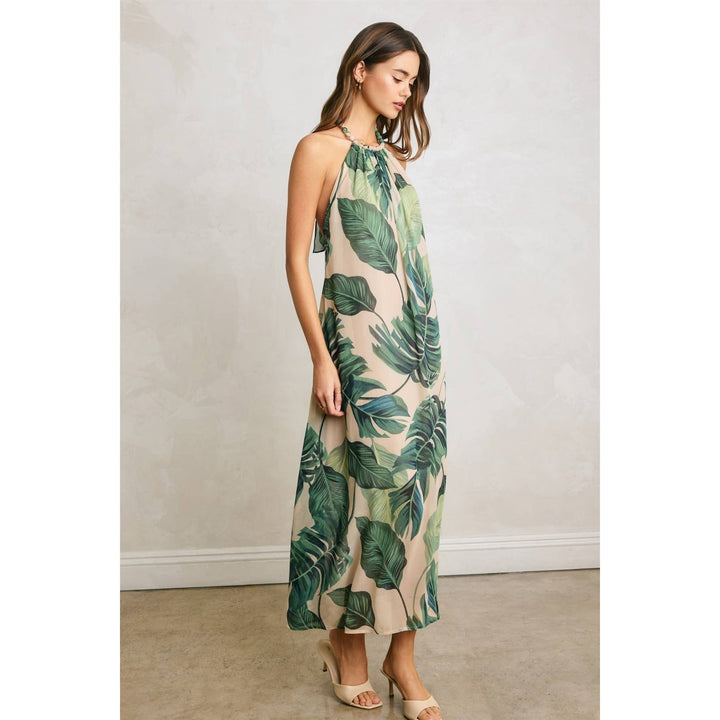Hidden Oasis Beaded Halter Fluid Dress