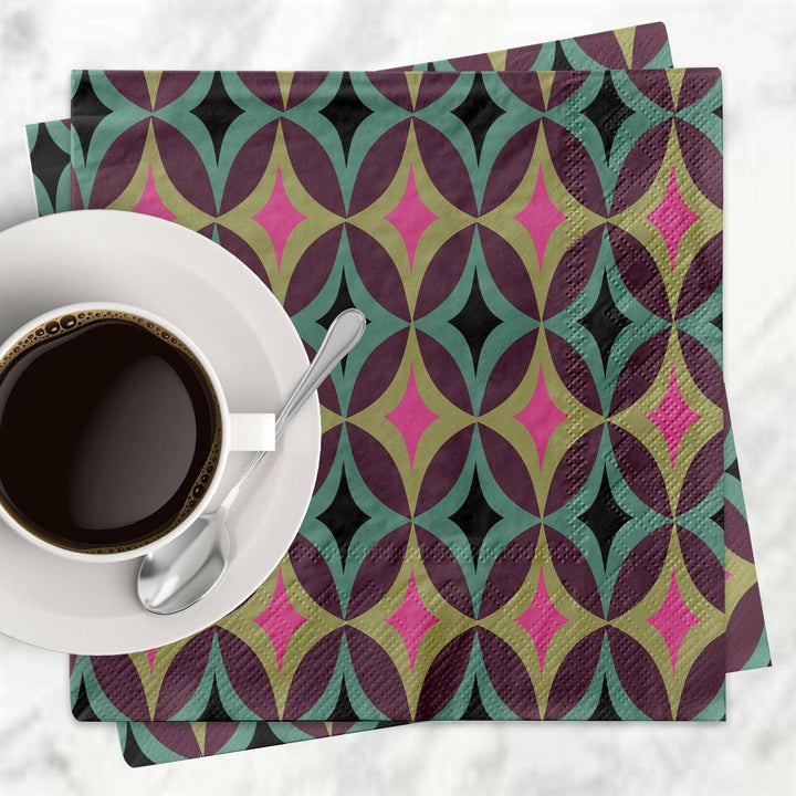 Diamond in Circle Jewel Tone Mid Century Mod Cocktail Napkin