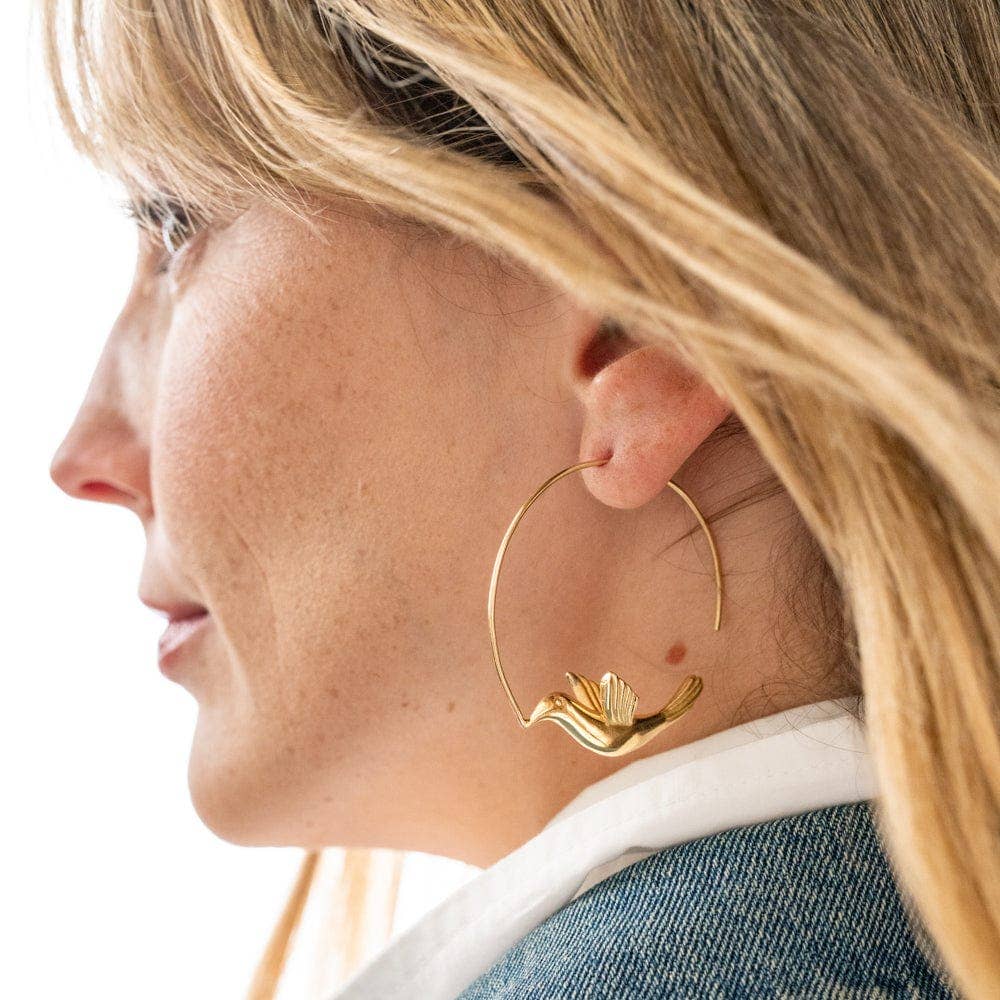 Wren Bird Hoop Earrings Brass