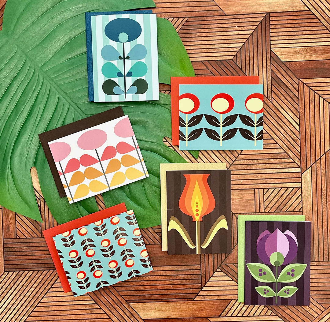 Mod Flower Blue Mid Century Modern Blank Notecard