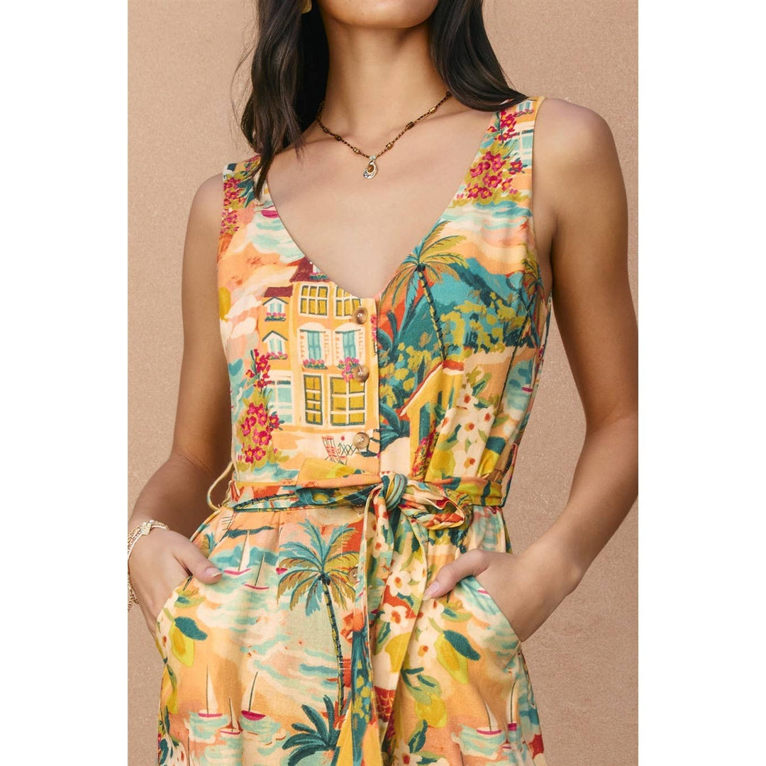 Wicker Button Down Sash Belt Jumpsuit