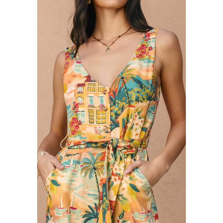 Wicker Button Down Sash Belt Jumpsuit