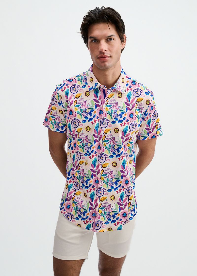 Pink/Purple Blooms Printed Cotton Knit Jersey Short Sleeve Shirt W/Placket Detail St-9358