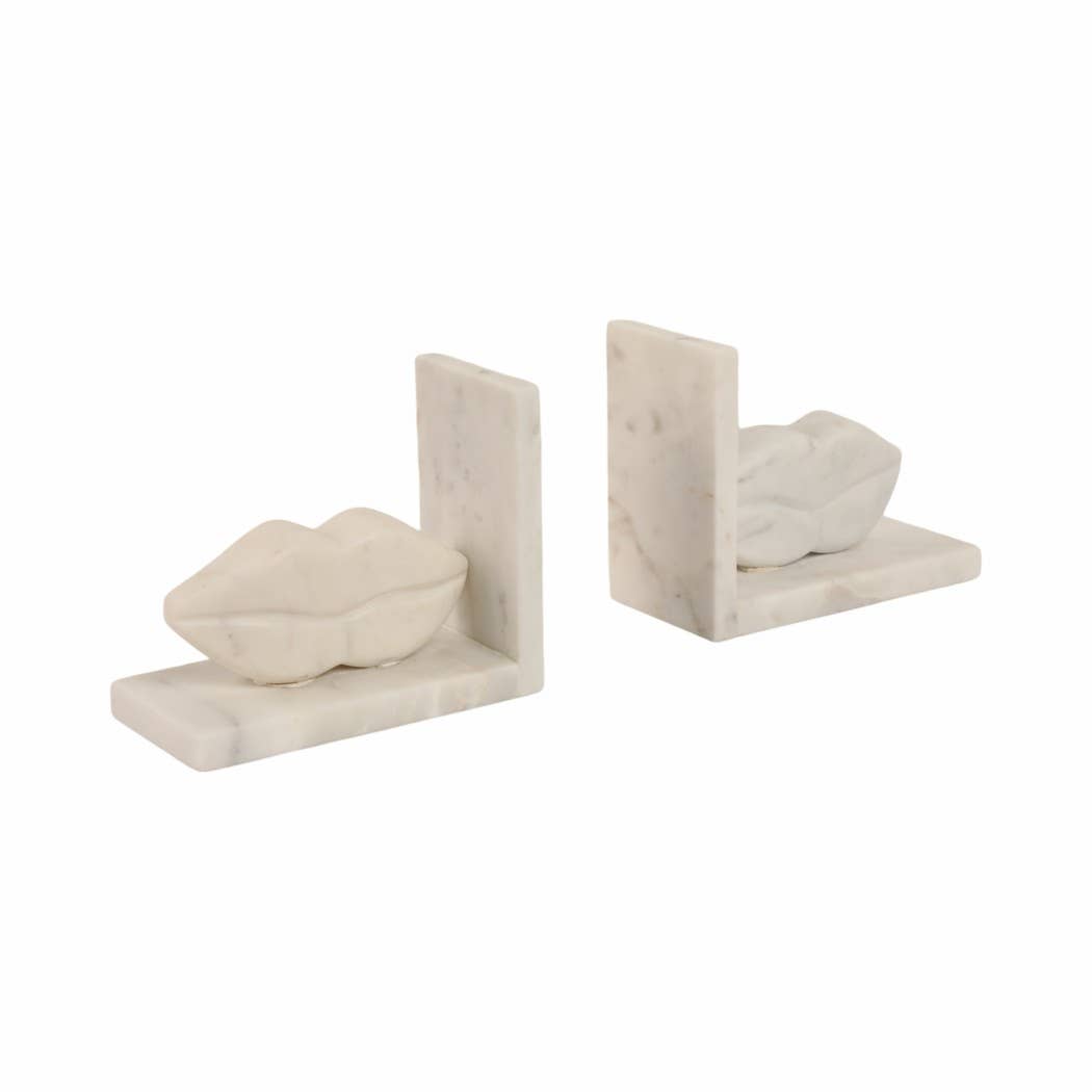 Bookends Set of 2 - White Marble Lips Design, 5 in.