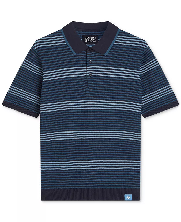 Striped Structured Knitted Regular-Fit Polo Ensign Blue